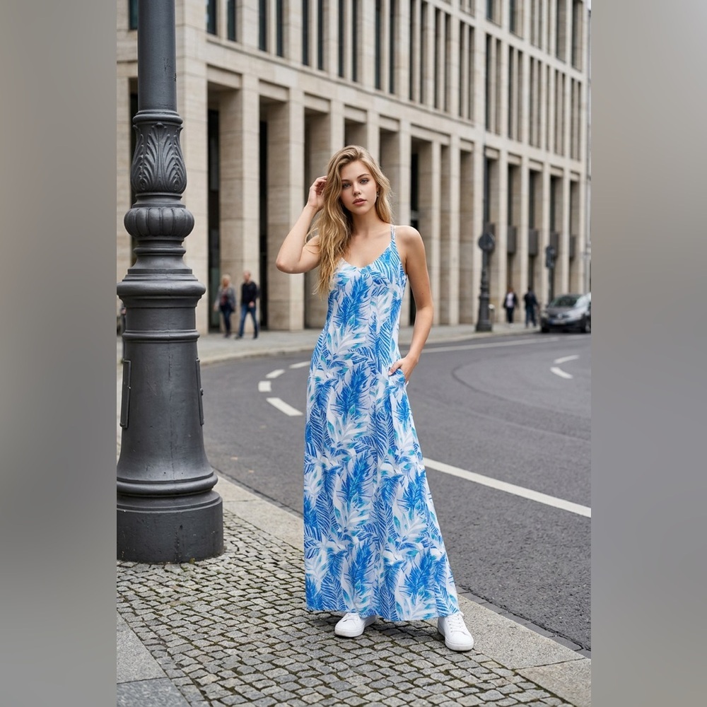 Tropical Blue and White Maxi Dress